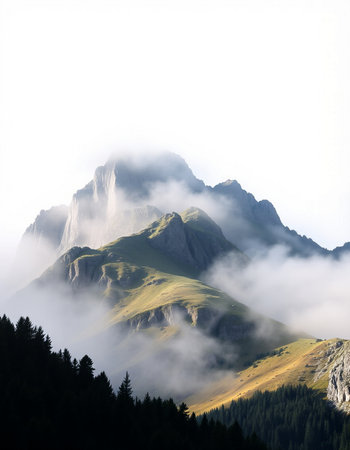 Mountain landscape with fog and clouds in Dolomites, Italyの写真素材