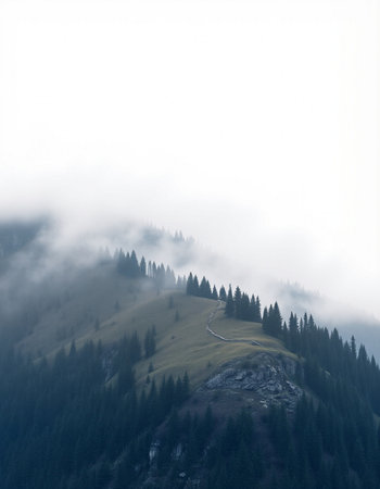 Foggy mountain landscape with coniferous forest on the slopeの写真素材
