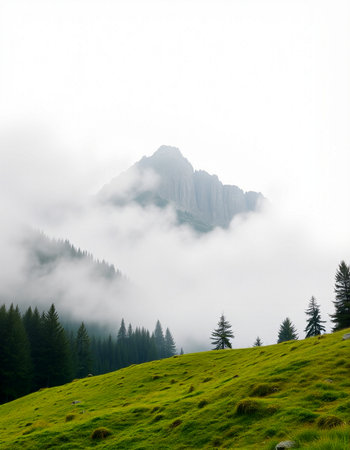 Foggy summer morning in the italian Dolomites.