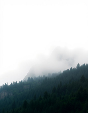 Mountain landscape with coniferous forest and foggy sky.の写真素材