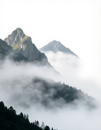 Misty mountain landscape in the Dolomites, Veneto, Italyの写真素材