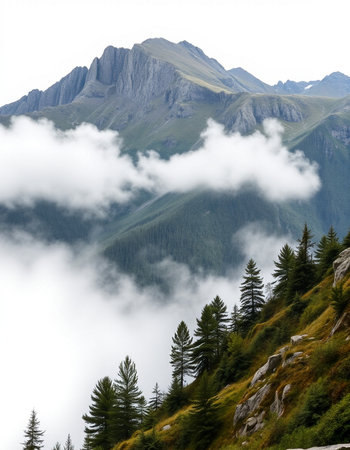 Mountain landscape with coniferous forest and high peaks in cloudsの写真素材