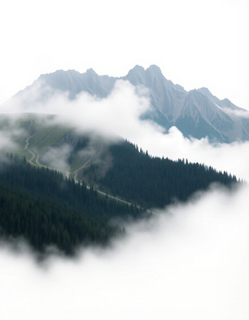 Mountain landscape with fog and clouds on a misty day.
