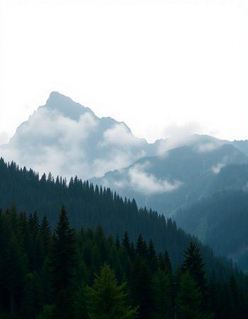 Mountain landscape with coniferous forest and fog in the morning
