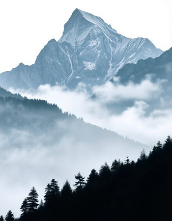 Mountain landscape in the mist. Himalayas, Nepal.の写真素材