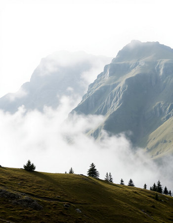 Mountain landscape with clouds and fog in the italian alpsの写真素材