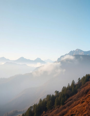 Foggy morning in the Dolomites mountains, Italy.の写真素材