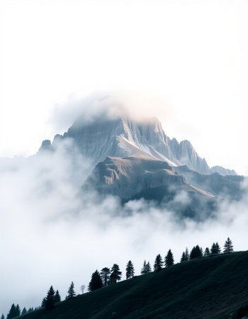 Mountain landscape with fog and clouds.の写真素材