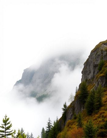 Mountain landscape with fog and clouds. View from the top of the mountain.
