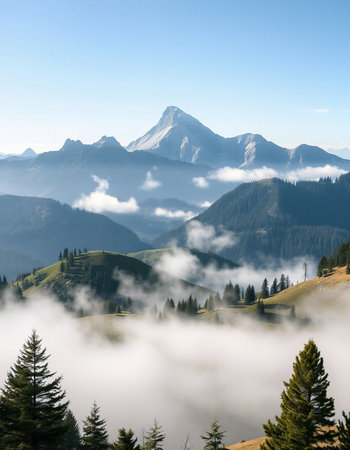 Mountain landscape with clouds and fogの写真素材