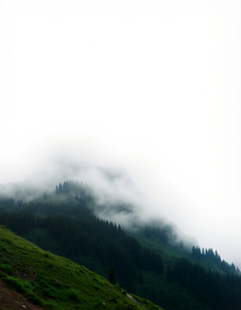 Mountain landscape with fog and clouds on a misty day.
