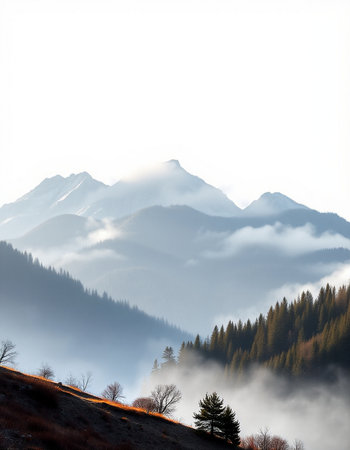 Majestic mountain landscape in the morning mist. Carpathian, Ukraine, Europe. Beauty world.の写真素材