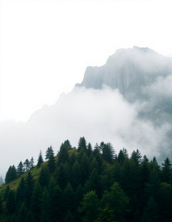 Mountain landscape with fog and coniferous forest on the slopeの写真素材