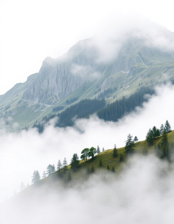 Mountain landscape with coniferous forest and fog in the morningの写真素材