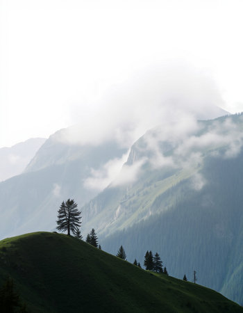 Mountain landscape with coniferous forest and fog in the backgroundの写真素材