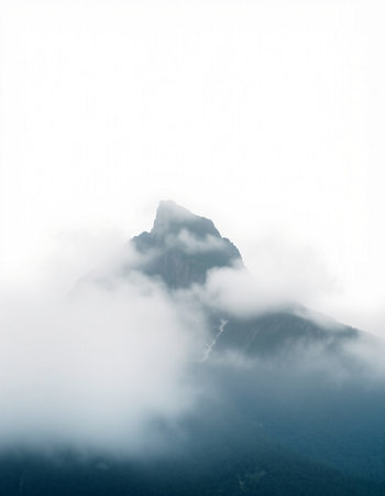 Mountain landscape in the clouds. Mountain peaks in the fog.