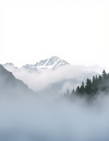 Foggy mountains landscape with coniferous forest in the foregroundの写真素材