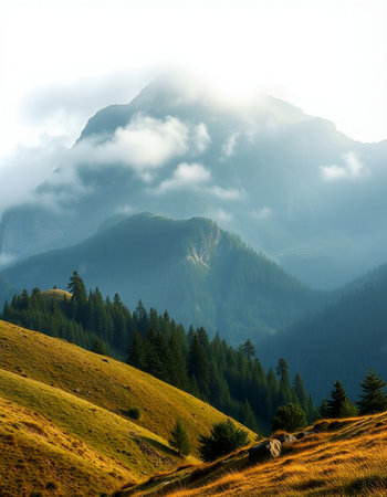 Mountain landscape with fog and clouds. Dolomites, Italy