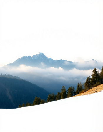 Mountain landscape with coniferous forest and high peaks covered with snowの写真素材