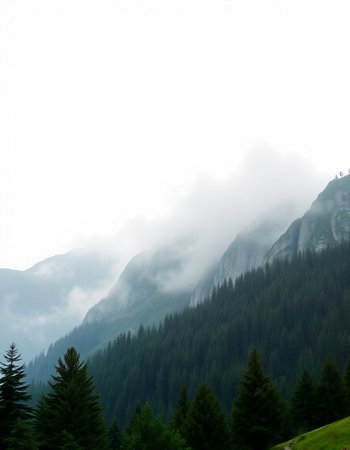 Mountain landscape with fog and clouds. Caucasus Mountains, Georgia.の写真素材