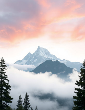 Mountain landscape with fog and clouds at sunriseの写真素材