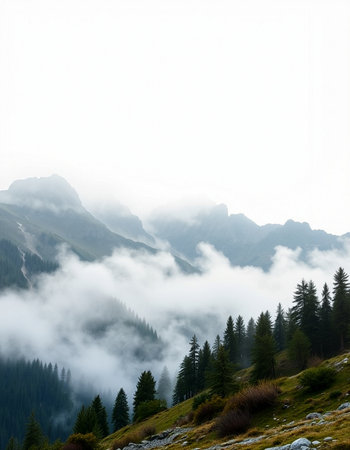 Mountain landscape with coniferous forest and foggy clouds.