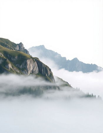 Foggy mountain landscape with fog in the italian alpsの写真素材