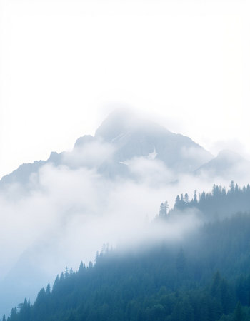 Mountain landscape with fog and coniferous forest on the slopes