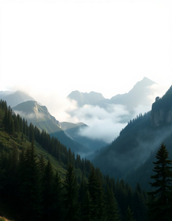 Mountain landscape with fog and clouds. Caucasus, Dombay