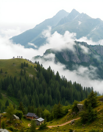Mountain landscape with clouds and fog in the italian alps