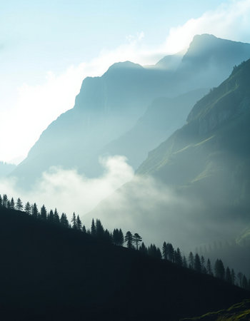 Mountain landscape with fog in the morning. Pyrenees, Franceの写真素材