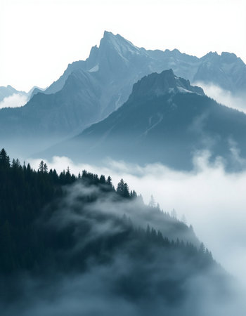 Mountain landscape with fog and clouds