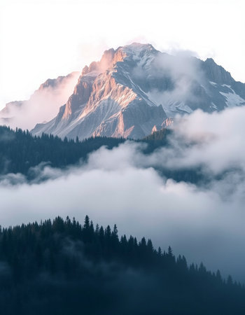 Mountain landscape with fog in the morning.