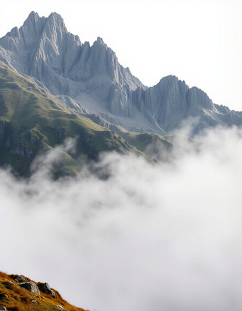 Mountain landscape in the clouds. Caucasus, Dombai, Russia