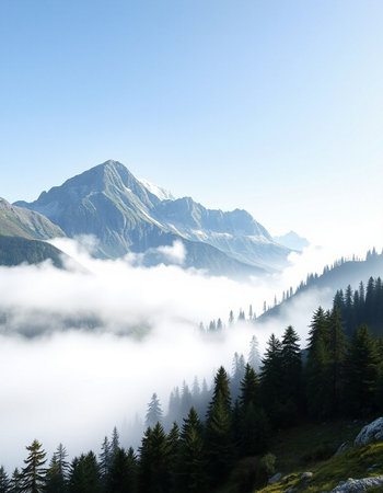 Foggy morning in the swiss alps, Switzerland.の写真素材
