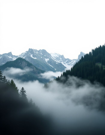 Mountain landscape with fog and clouds.