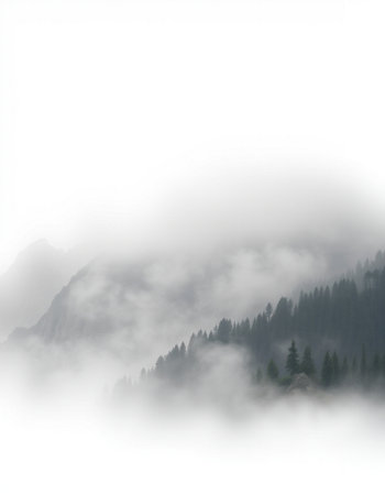 Foggy mountain landscape with coniferous forest in the foreground