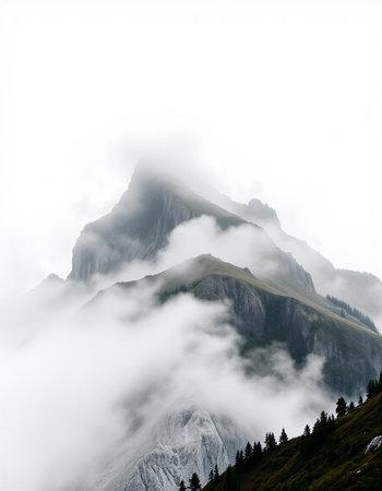 Mountain landscape with clouds and fog.