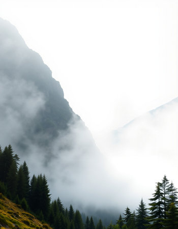 Foggy mountain landscape with fir trees in the foreground and clouds in the background