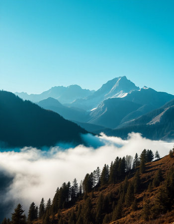 Beautiful mountain landscape with fog in the morning.の写真素材
