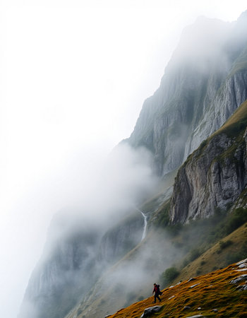 Beautiful mountain landscape with fog and cloudsの写真素材