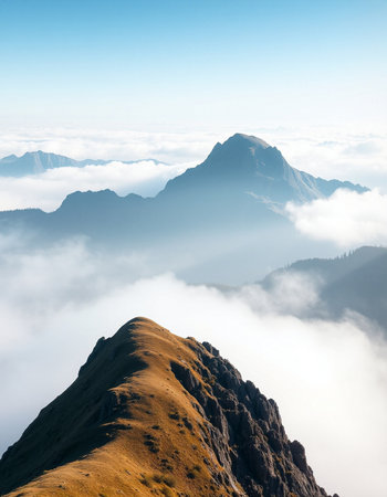 Panoramic view of the top of the mountain in the fog