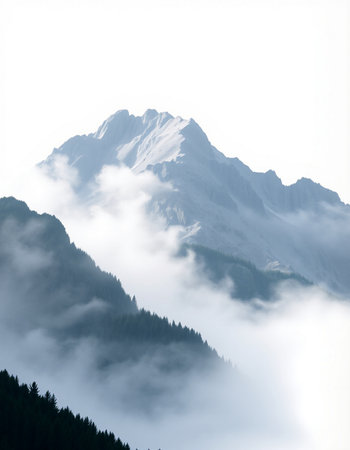 Mountain landscape with clouds and fog in Himalayas, Nepal