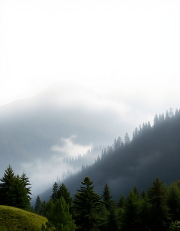 Mountain landscape with fog and coniferous forest in the foreground
