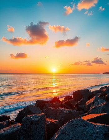 Beautiful sunset over the sea. Colorful sky at sunset.の写真素材