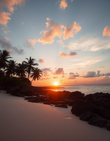 Beautiful sunset on the beach with palm trees and rocks in the foregroundの写真素材