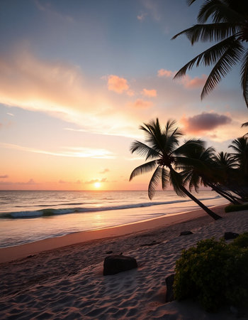 Beautiful sunset on the beach with coconut palm trees. Tropical background.の写真素材