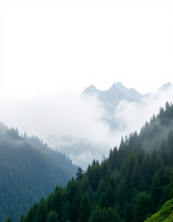 Mountain landscape with fog and coniferous forest on the slopes