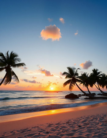 Tropical beach with coconut palm trees at sunset, Seychellesの写真素材
