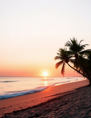 Beautiful sunset on the beach with coconut palm trees - Vintage filterの写真素材